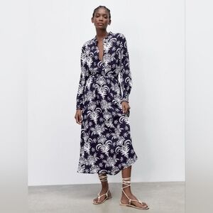 Zara Lilou Belted Navy Blue & White Floral Midi Sun Dress - Medium